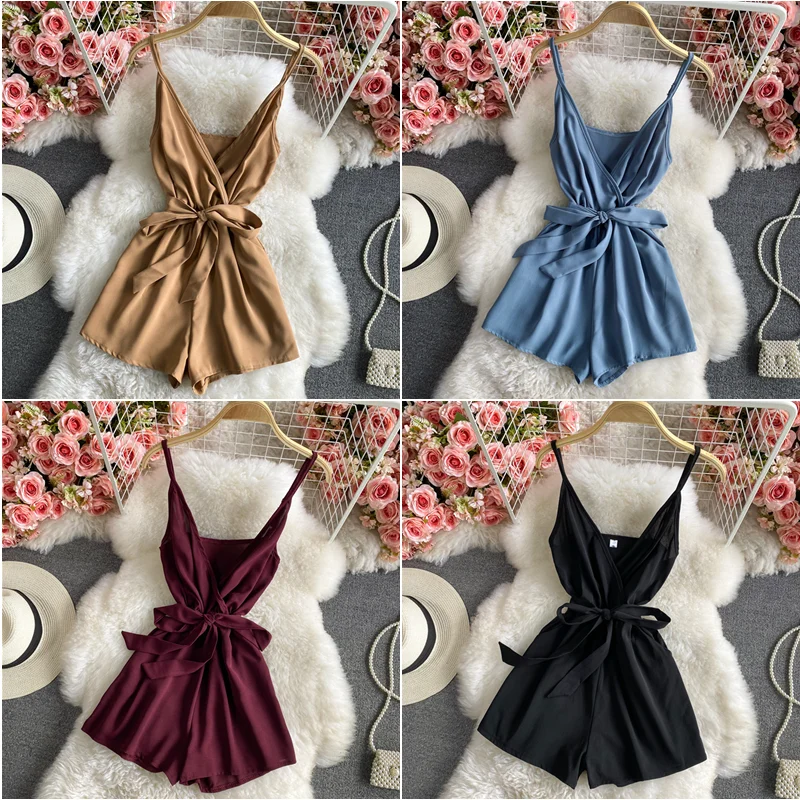 

Waist Straps Show Thin Temperament and Age Reduction Suspenders Jumpsuit Women's Fashion Solid Color Loose Wide-leg Shorts