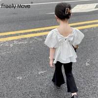 freely move new 2022 summer korean style baby girls princess blouses square collar puff sleeve bowknot tops toddlers kids shirts