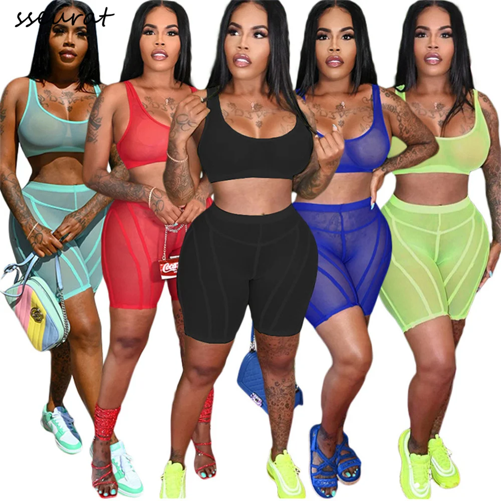 

SSEURAT Sheer Mesh 2 Piece Summer Set Women Shorts and Crop Top Sport Sexy Club Outfits Tracksuit