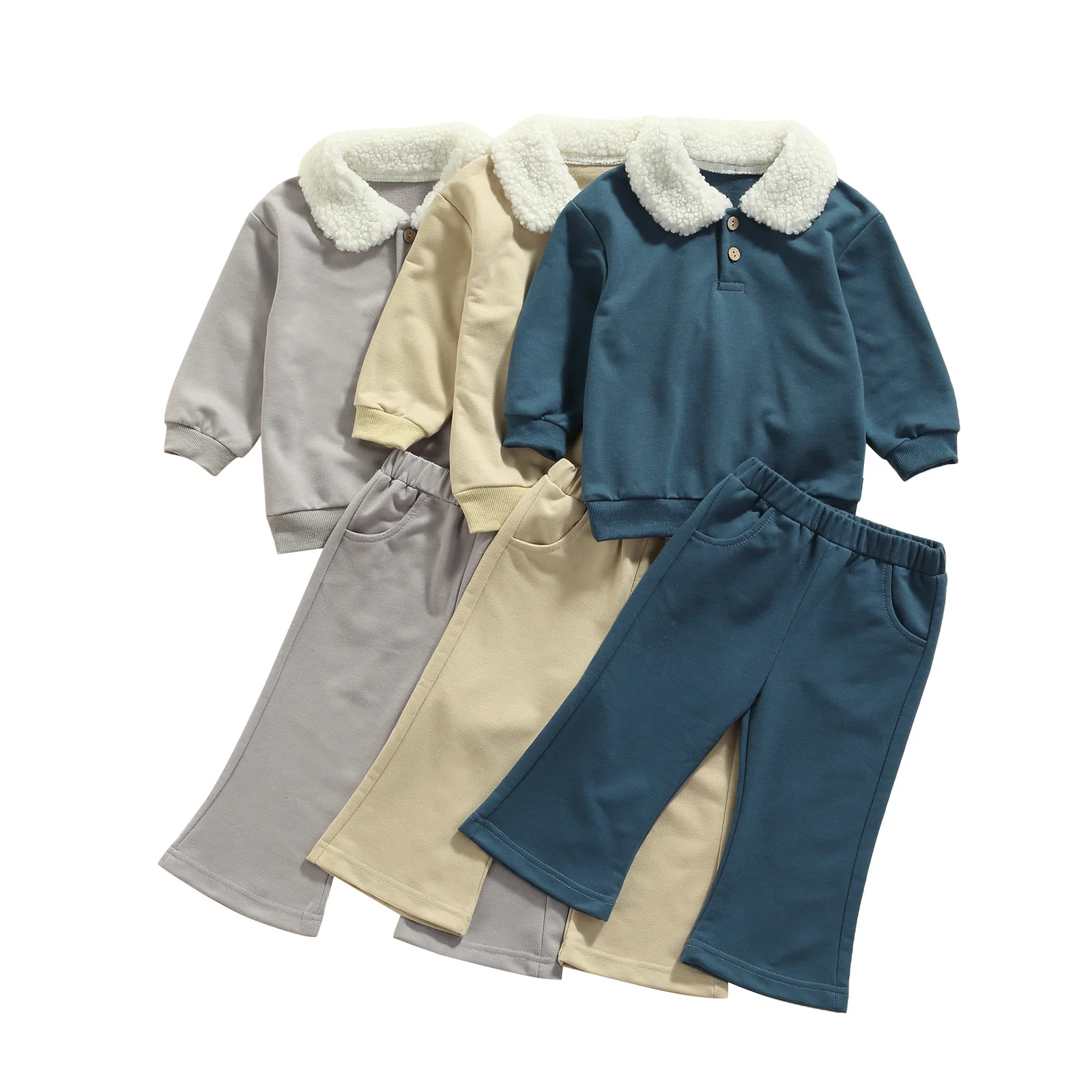 

2-6Y Fashion Girls Clothes Set Fur Turn-down Collar Long Sleeve Pullover+Solid Elastic Waist Flared Pans Winter Fall 2pcs