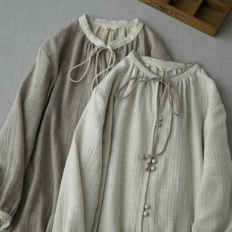 

Spring Autumn Women Casual Loose Comfortable Natural Fabric Water Washed Double Layered Cotton Shirts/Blouses