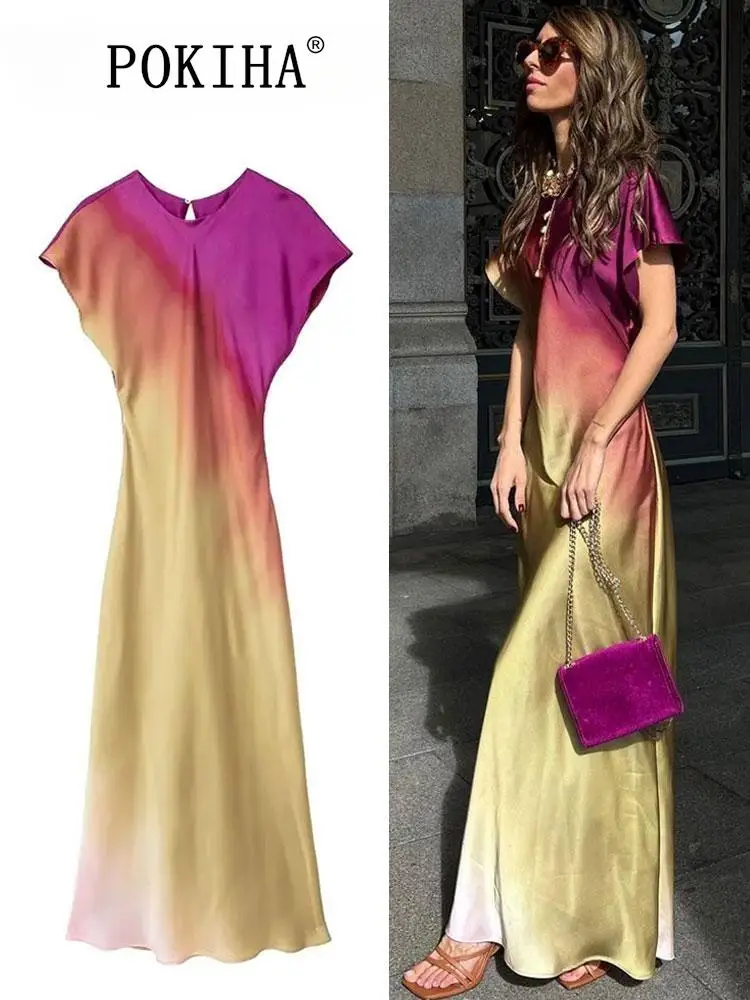 

Pokiha Women Fashion Print Short Sleeve Dress Vintage O-Neck Maxi Long Dress Summer Female Casual Chic Satin Party Club Prom New
