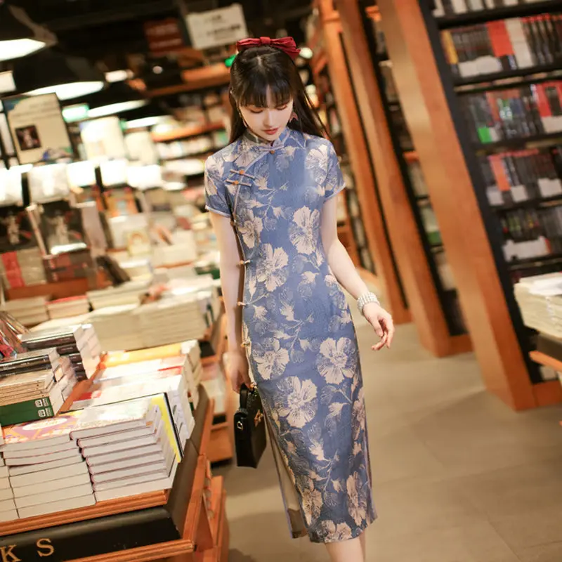 

2022 chinese style women dress cheongsam retro elegant blue qipao cheongsam vestido china summer clothing qipao