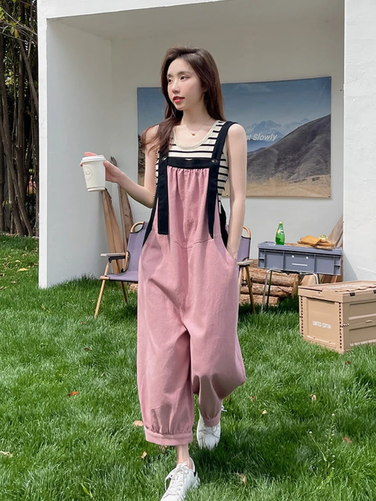 

Pink Jumpsuits Women Preppy Style Summer Baggy Ankle-length Chic Sweet Breathable Harajuku Streetwear Fashion Drop Shipping