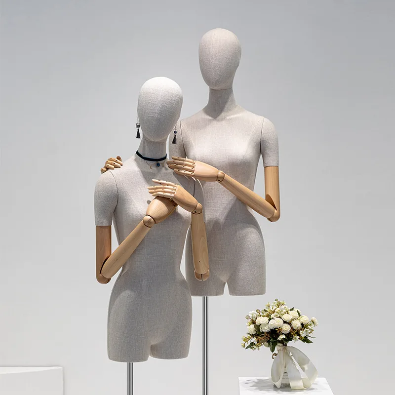Enlarge New Arrival Fabric Cover Female Half Body Mannequin Torso Metal Base with Wood Arm for Wedding Clothing Display Adjustable Rack