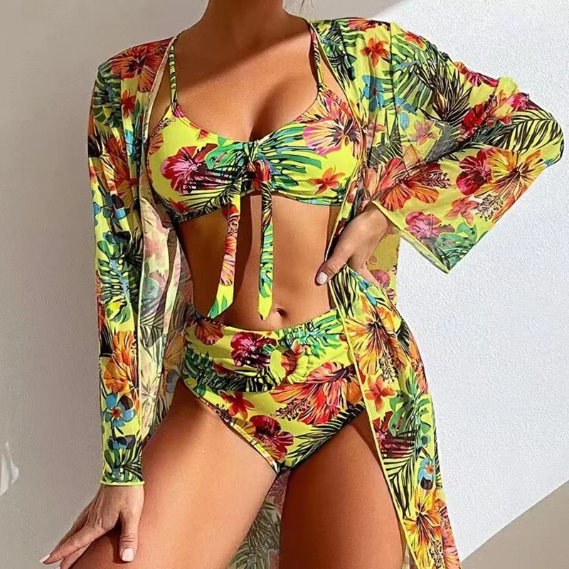 

3 шт., Женский плиссированный купальник с высокой талией