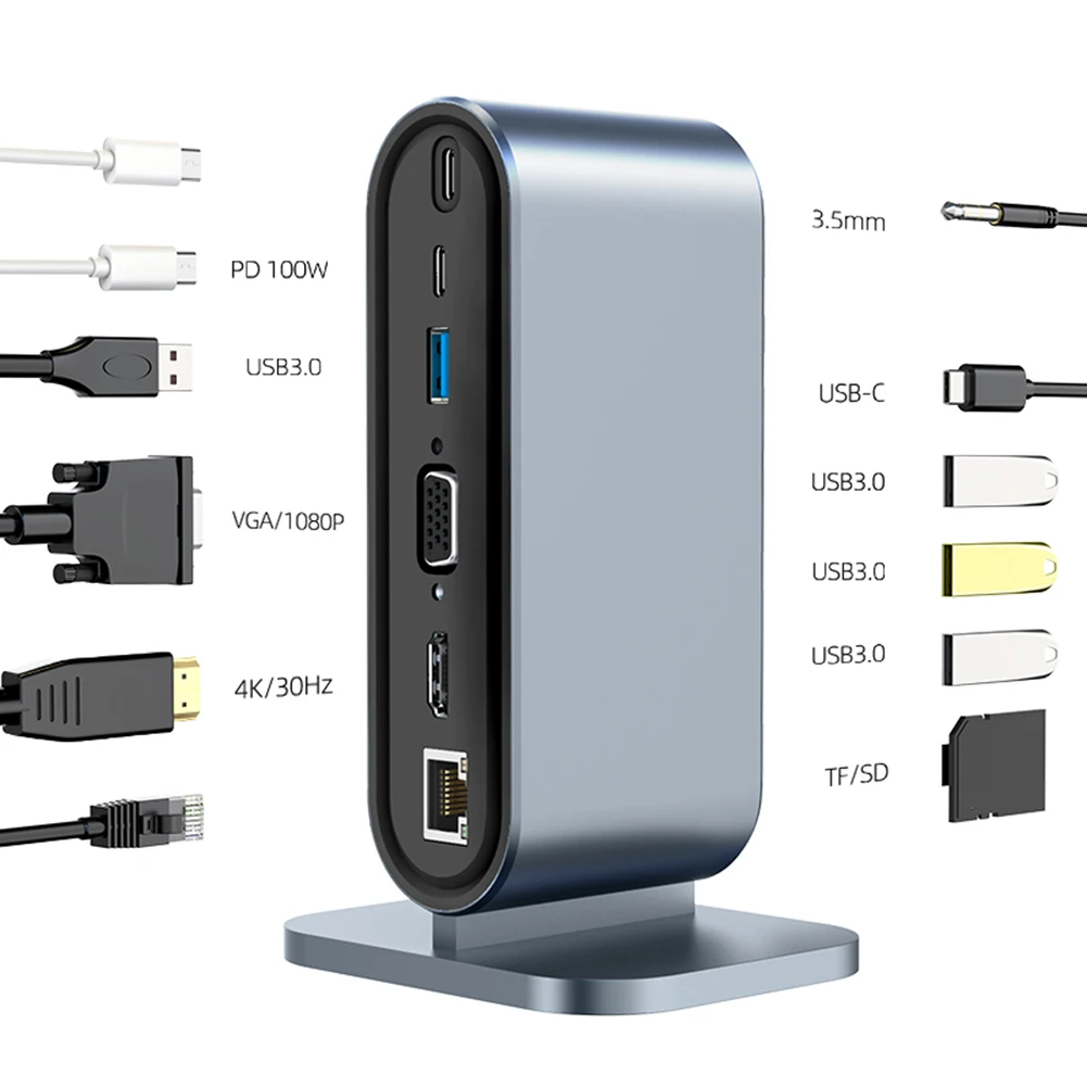 

12 in 1 Type C Adapter Docking Station SD/TF Card Reader Hub USB 3.0/VGA/RJ45 Ports/3.5mm Jack 100W PD 4K HDMI-Compatible