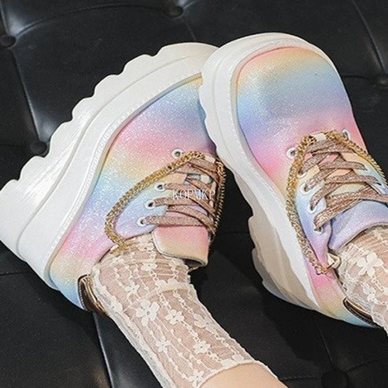 

Кроссовки женские на платформе, повседневная обувь на танкетке, со шнуровкой, дизайнерские, Размеры 35-43