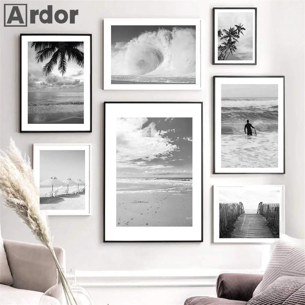 

Black And White Waves Canvas Print Surf Man Poster Sea Landscape Wall Art Painting Nordic Mural Pictures Living Room Home Decor