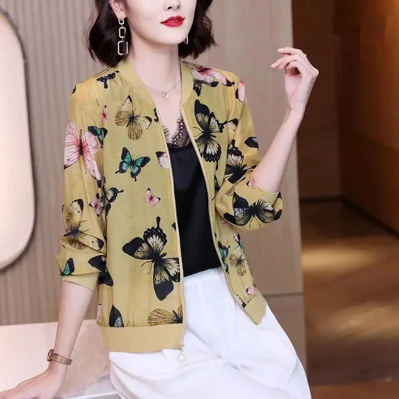 

Chiffon Baseball Uniform Women 2021 Summer Thin Korean Version Round Neck Printing Long-sleeved Jacket Top Female Casual Zipper