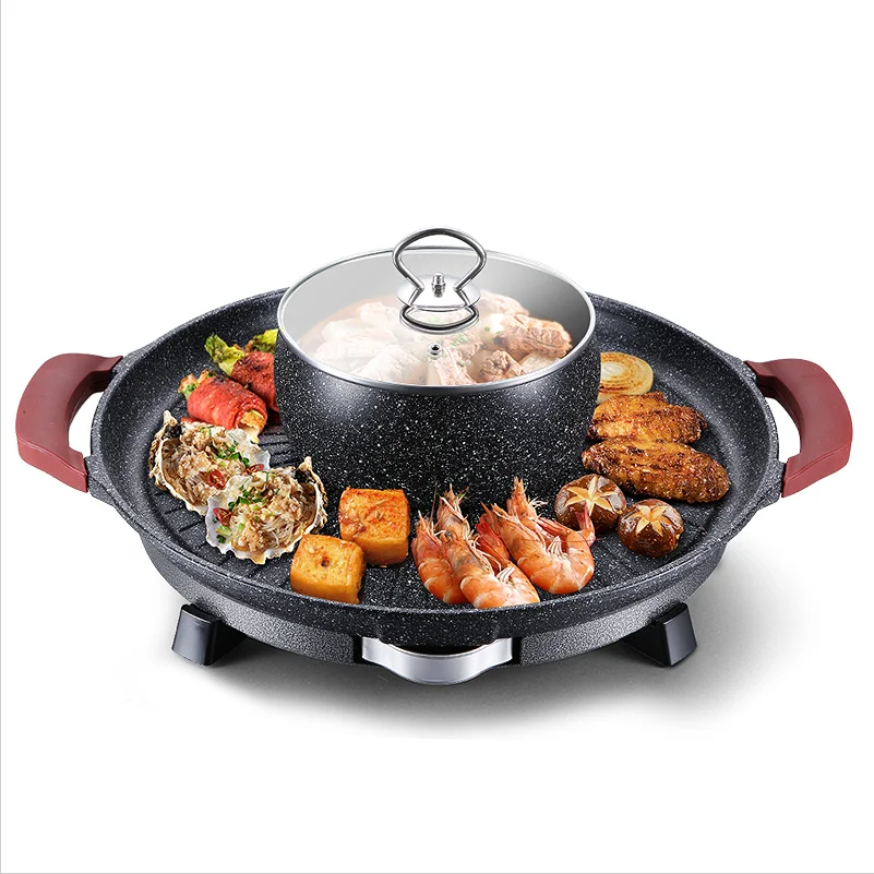 

220V Household Electric Grill Pan For Home Round Barbecue Pan Non-stick Frying Pan Pot With Cooking Pot Multi Cooker