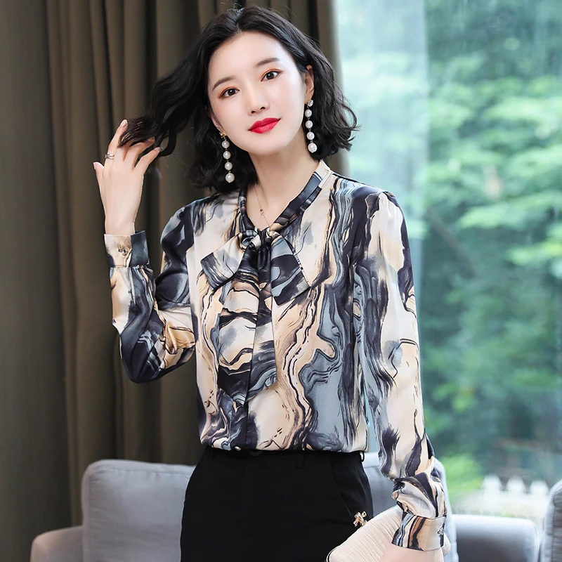 

Шифоновая Свободная Женская рубашка, повседневные блузки с длинным рукавом, Новая модная женская одежда с принтом на лето и весну, Houthion