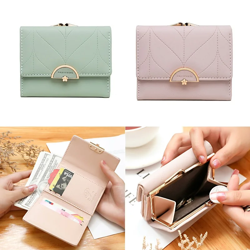 

Короткий женский кошелек MOONBIFFY тройного сложения с отделением для монет, Женский однотонный держатель для карт, полукруглый кошелек с металлической пряжкой