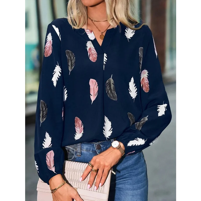 

Women's Spring Autumn New Fashion Sexy V-neck Top Feather Print Long Sleeve Loose Relaxed Commuter T-shirt