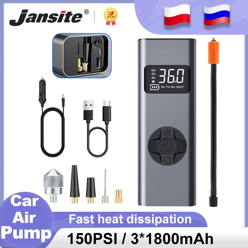 

Jansite Wireles Electric Inflator air Pump 12V Portable Air Compressor Pump 5400mAh For Car Tyre Motorcycle Balloon Bicycle Tire
