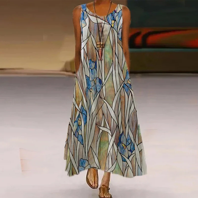 

Женское богемное длинное платье без рукавов, винтажное платье на бретелях с круглым вырезом и цифровым принтом, свободное платье с карманами, лето