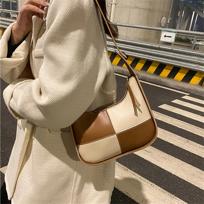 

Elegant Stitching Plaid Shoulder Bag For Women PU Leather Crossbody Bag Contrast Color Messenger Bag Designer Lady Handbag