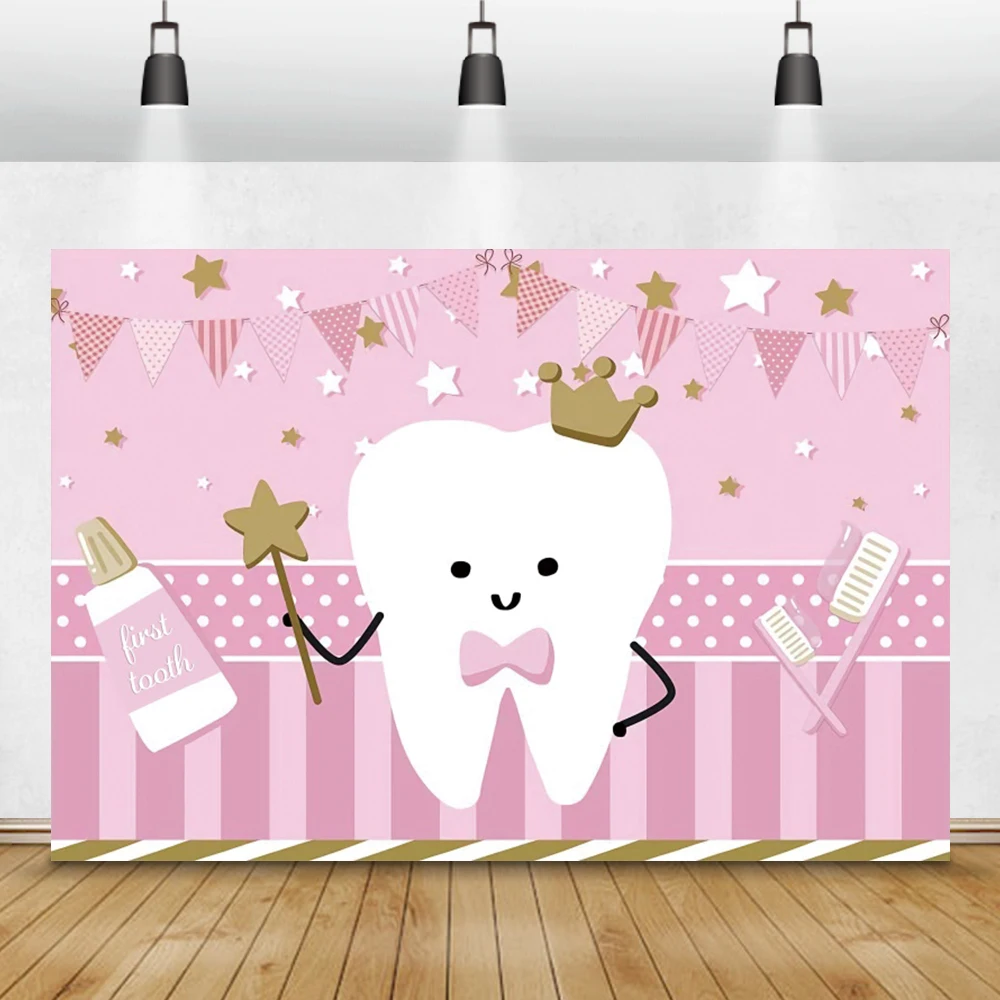 

Laeacco Baby Cartoon My First Tooth Birthday Party It's A Girl Customized Poster Portrait Photo Backdrop Photographic Background