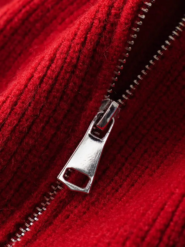 Новые женщины осень зима красный свитер Мода молния водолазка реглан рукав