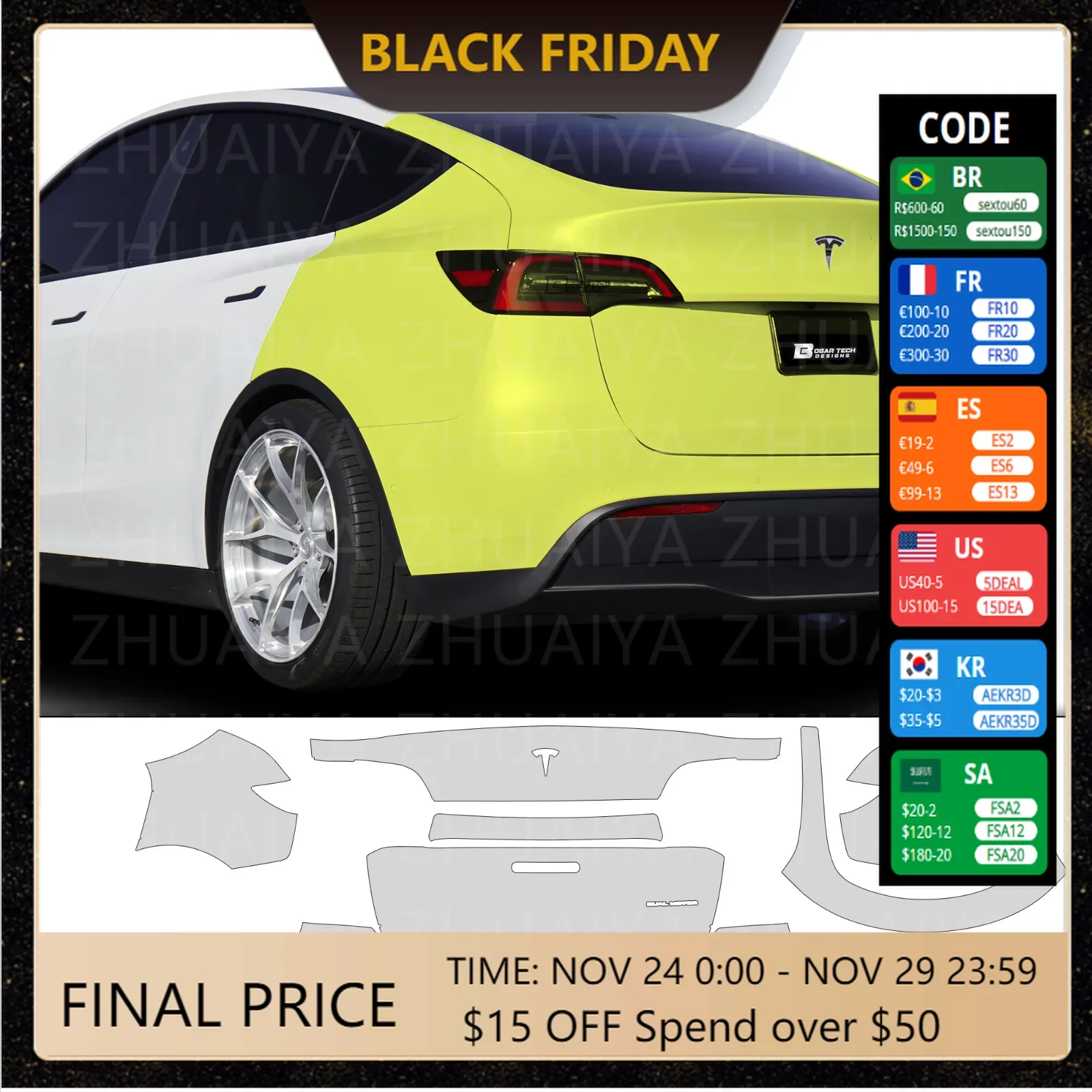 

Full Rear Kit 7.5mil Pre-Cut Paint Protection Film Clear Bra PPF Decal Film Kit Compatible with For Tesla Model Y 2020-2023