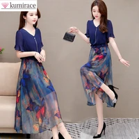 chiffon butterfly floral 2022 summer dress korean new dress elegant womanly short sleeve v neck fake two piece skirt vestido