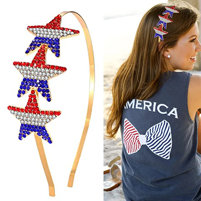 

Independence Day Alloy Rhinestone Pentagram Headband 4th of July National Day American Flag Color Crown Hair Jewelry Women