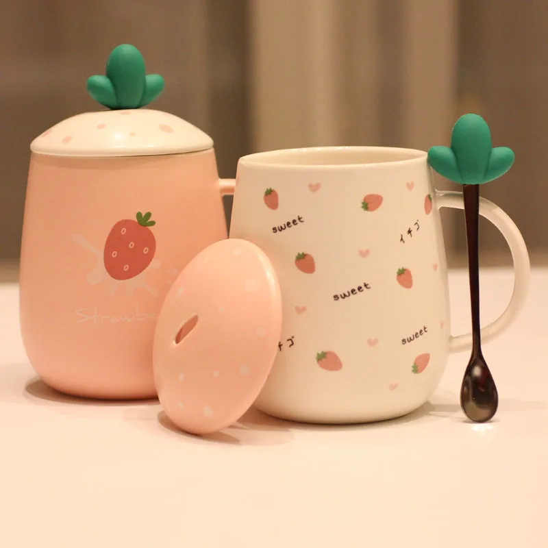 

Korean Strawberry Mug Pink Creative Cup Cute Office Household Ceramic Girls Tazas Originales With Spoon Lid Teaware ED50MK