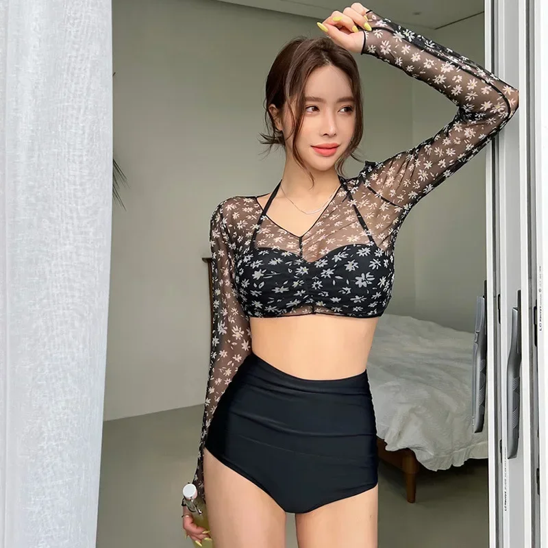 Сексуальный черный корейский бикини с высокой талией комплект из 3 купальников