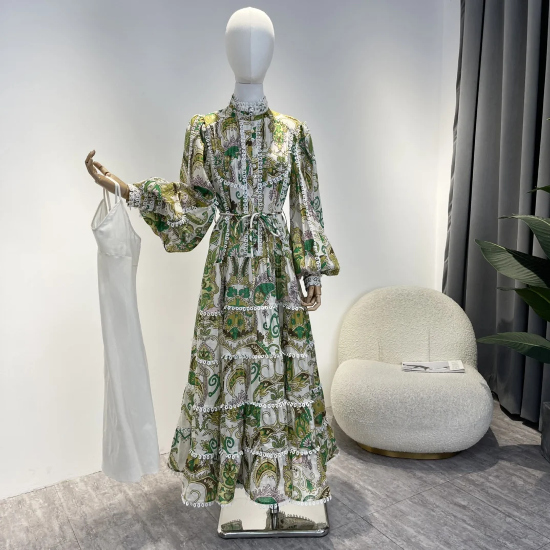 

Женское платье миди с цветочным принтом, лоскутное платье с длинными рукавами-фонариками и Каскадными кругами, плиссированное платье для о...