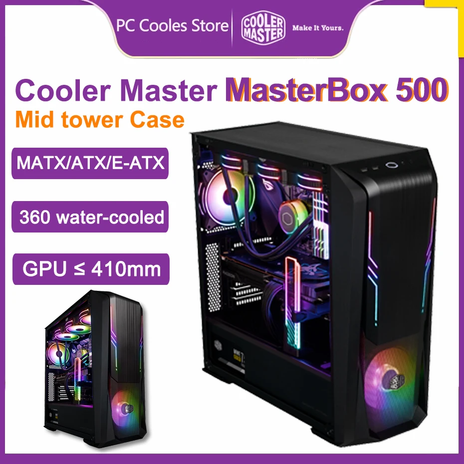 Cooler Master MasterBox500 E-ATX Mid Tower Case Tempered Glass With Large Side Transparency Desktop Computer Chassis