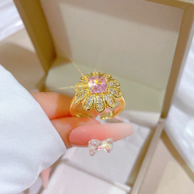 

CHAIRYEE Luxury Flower Pink AAA Zircon Open Adjustable Rings For Women Unique 14K Real Gold Plated Wedding Engagement Jewelry