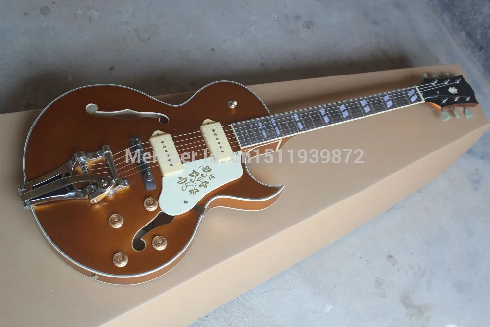 

new style F-Hole half hollow body P90 pick-up goldtop jazz electric Guitar with Bigsby Tremolo in stock