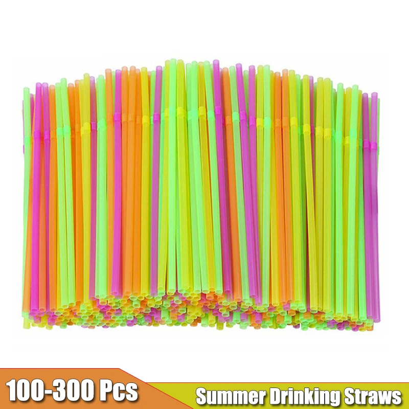 

300-100 Pcs Fluorescence Color Elbow Disposable Straws Plastic Bendable Cocktail For Kitchen Bar Party Drinking Straw 21cm Long
