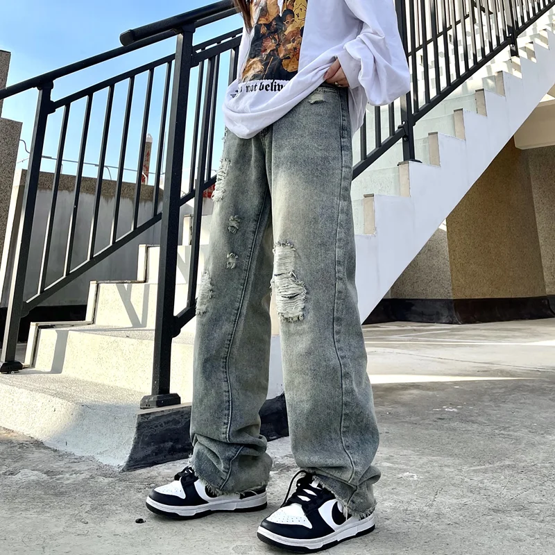 Men's 2022 New Wear Vintage Casual Ripped Blue Jeans Broad Leg Pants High Street Loose Straight Trousers Autumn and Winter Women