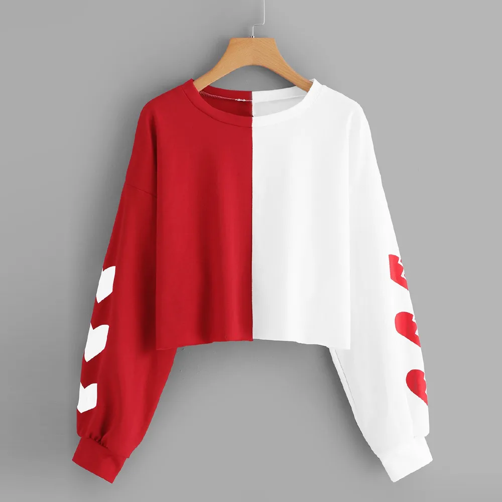 

Neck Sleeve Heart Long Sweatshirt Print Womens Patchwork Round Women's Blouse