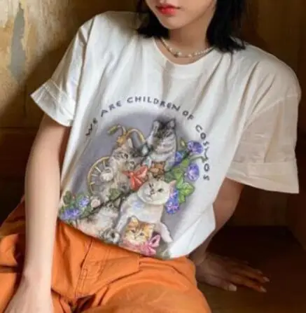 

Sunfiz летняя Kawaii The Kitten Club Женская футболка уличная одежда белая хлопковая женская футболка с коротким рукавом оверсайз графика Милая гранж