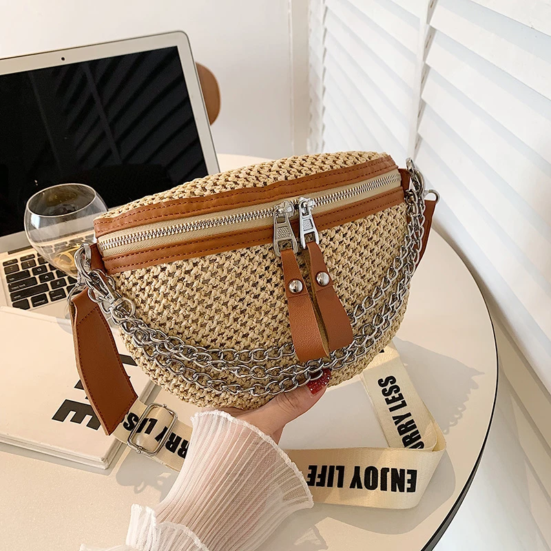 

Box Fanny Pack Women's Chain Waist Bag Beach Straw Woven Shoulder Crossbody Chest Bags Fashion Travel Phone Purse Lady Belt Bag