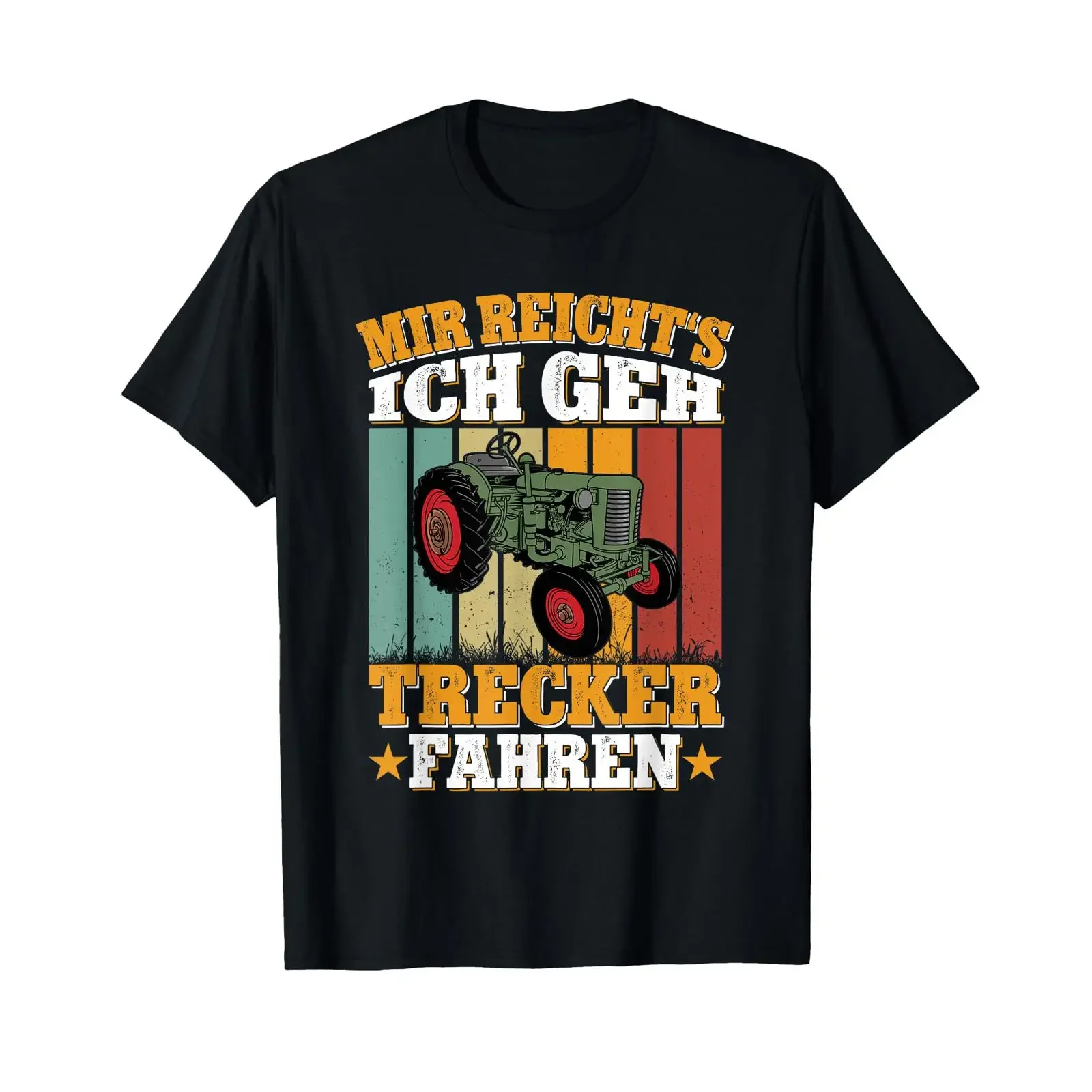 Фото Забавная футболка с трактором и немецким текстом «Mir Reicht's Ich Geh Trecker Fahren», черная, винтажная, с эффектом потертости, повседневная, модная, слегка состаренная. №1
