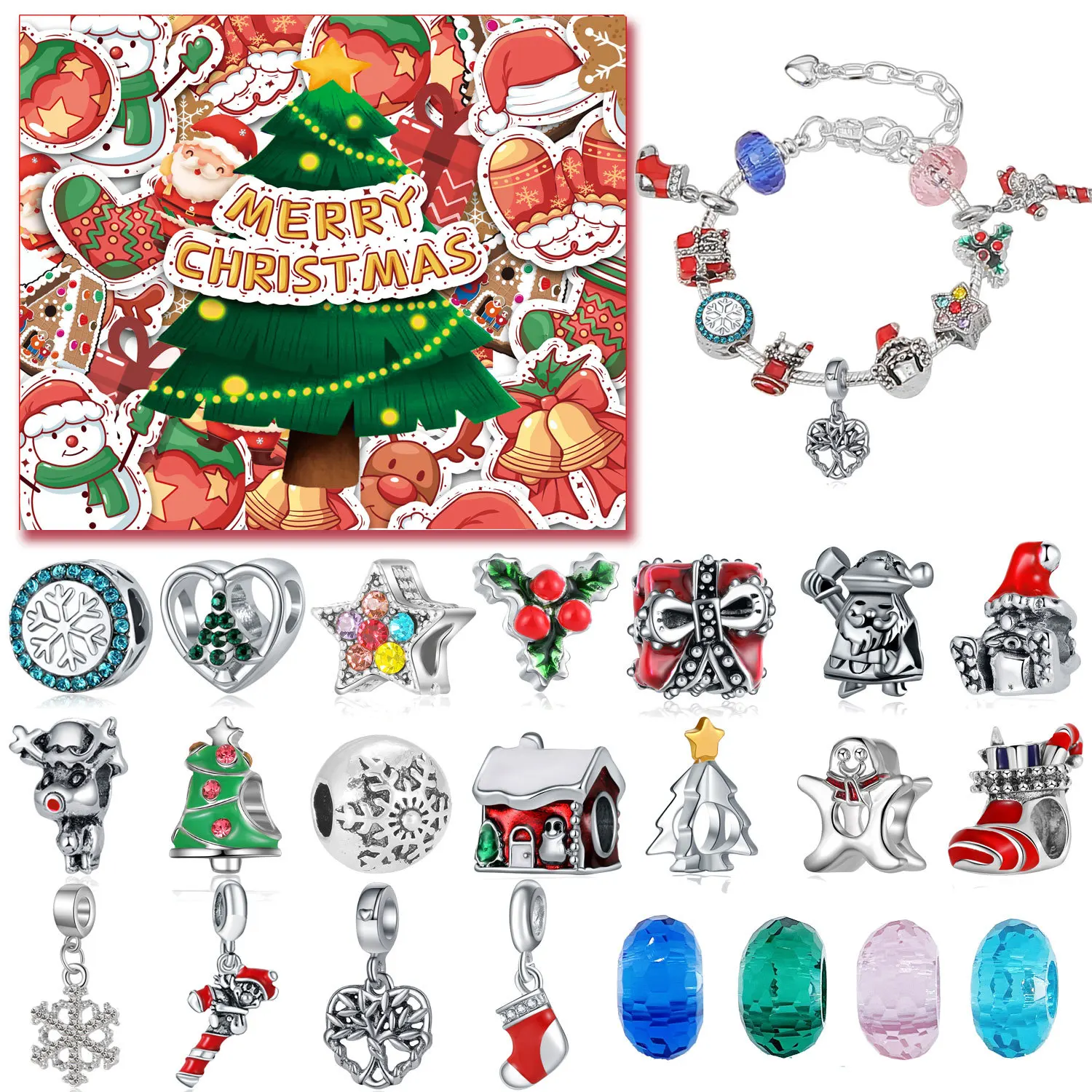 

Advent Calendar With 24Pcs Girls Christmas Gifts Fashion Jewelry Charms DIY Bracelet Necklace Countdown Calendar Kids Teenager