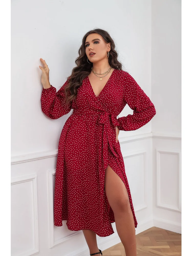Big swing literary temperament red plus size dress cotton temperament commuter polka-dot long-sleeved women dress