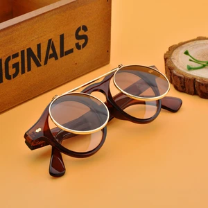 Flat Top Clamshell Goggles Round Brand Designer Metal Retro Men Women Flip Up Sun Glasses Vintage Go