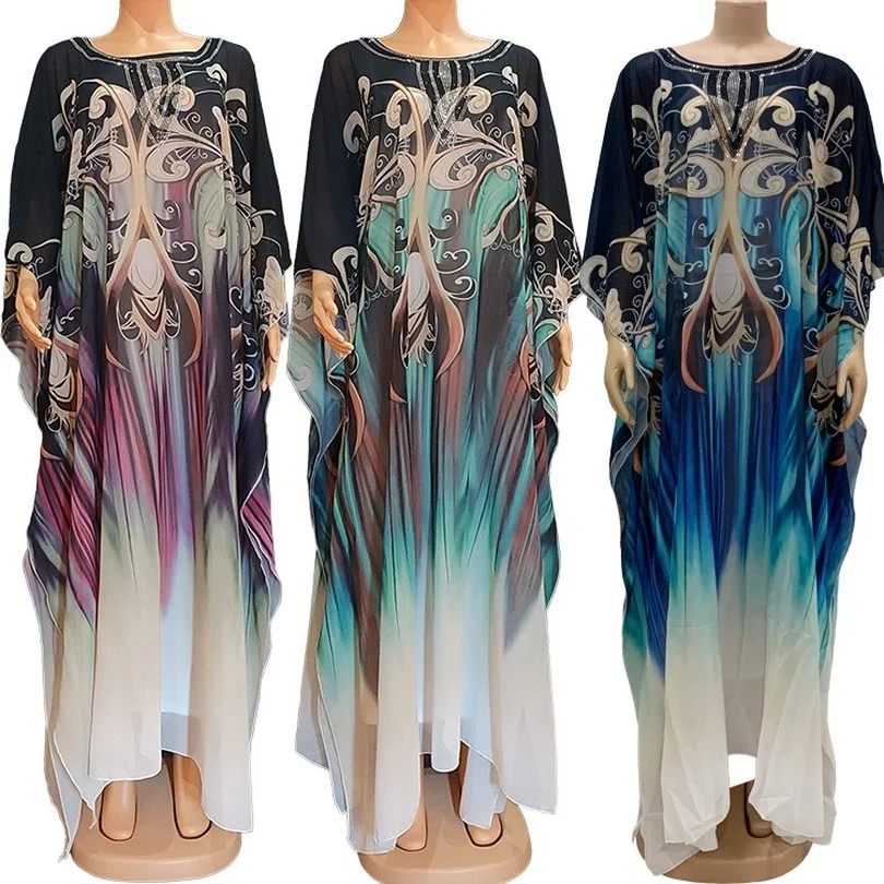 

African Fashion Print Chiffon Kaftans Maxi Dresses Womens Diamonds Beaded Loose Summer Beach Bohemian Kaftan Long Dress for Lady