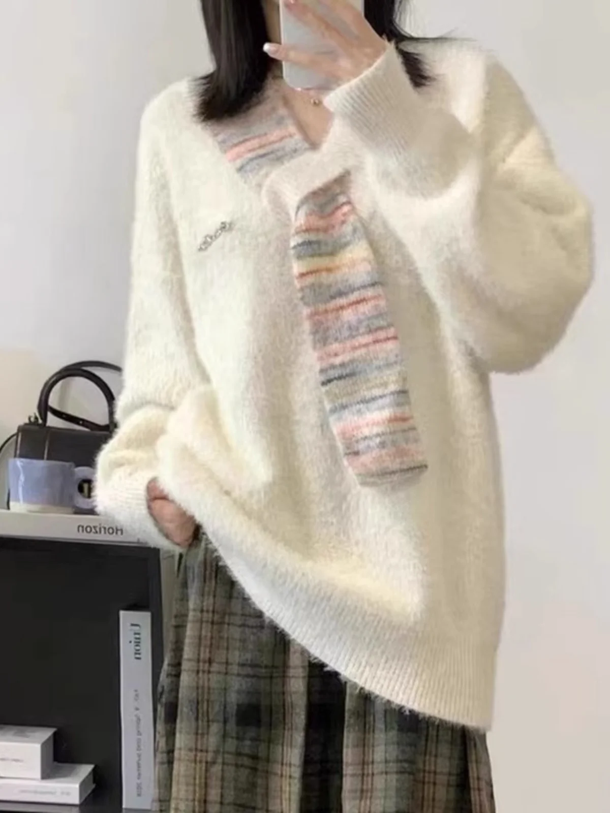 Пуловер в японском стиле свитер повседневный шарф лоскутные вязаные свитера