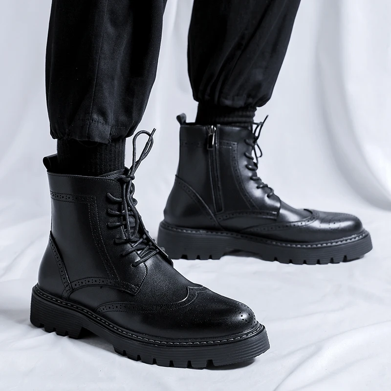 

Ботинки мужские зимние высокие, модные мотоциклетные ботинки, толстая подошва, круглый носок, водонепроницаемые, Повседневная Уличная обувь, черные