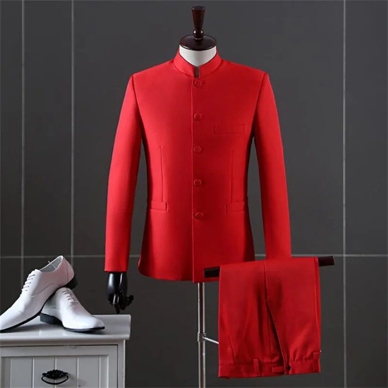 Chinese tunic suits mens blazers stand collar students presided over the dress chorus performance clothing black white red blue