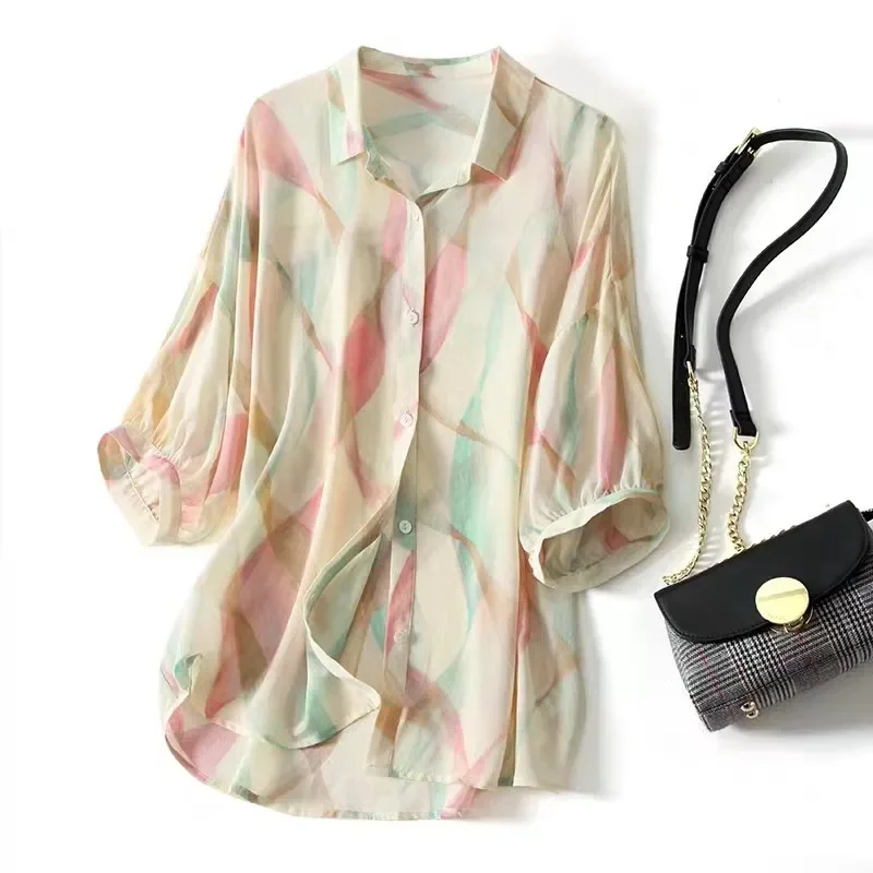 Атласная женская рубашка с принтом винтажные блузки модные свободные летние