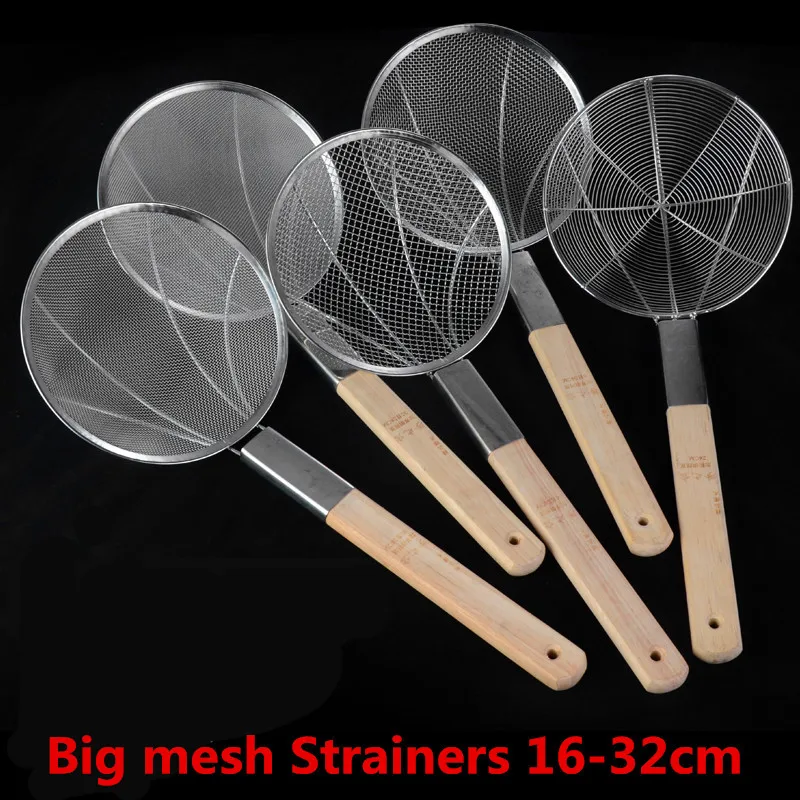 

Stainless steel big long noodle French fries colanders strainer basket wooden handle frying net Hot Pot leaky filter sieve sink