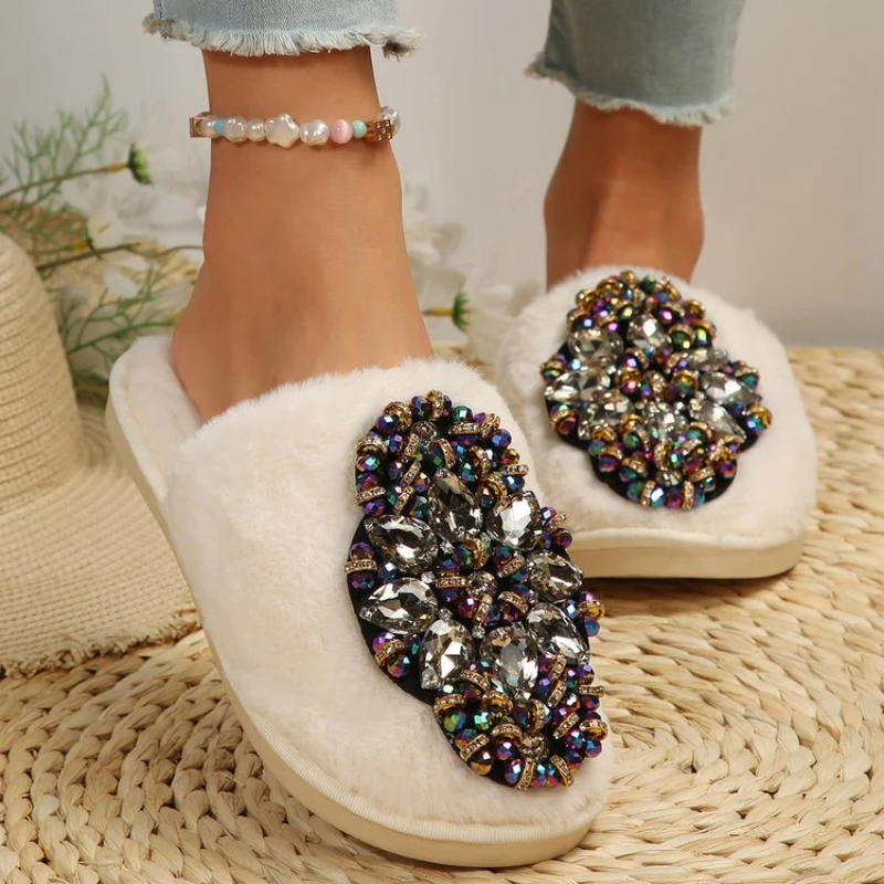 

Flower Decoration New Women Thick Bottom Fur Slippers Winter Leopard Luxurious Indoor Baotou Cotton Slippers Warm Home Slippers