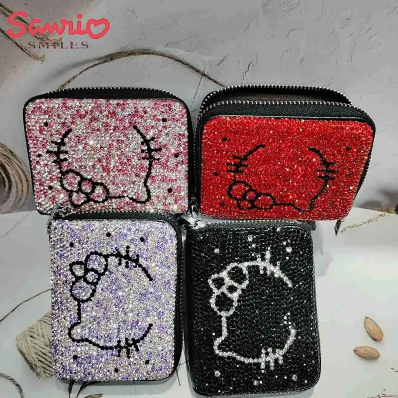 

Sanrio Y2K Kawaii Hello Kitty Anime Diamond Leather Card Holder Hottie Shiny Multifunctional Zipper Card Holder Cute Girl Gift