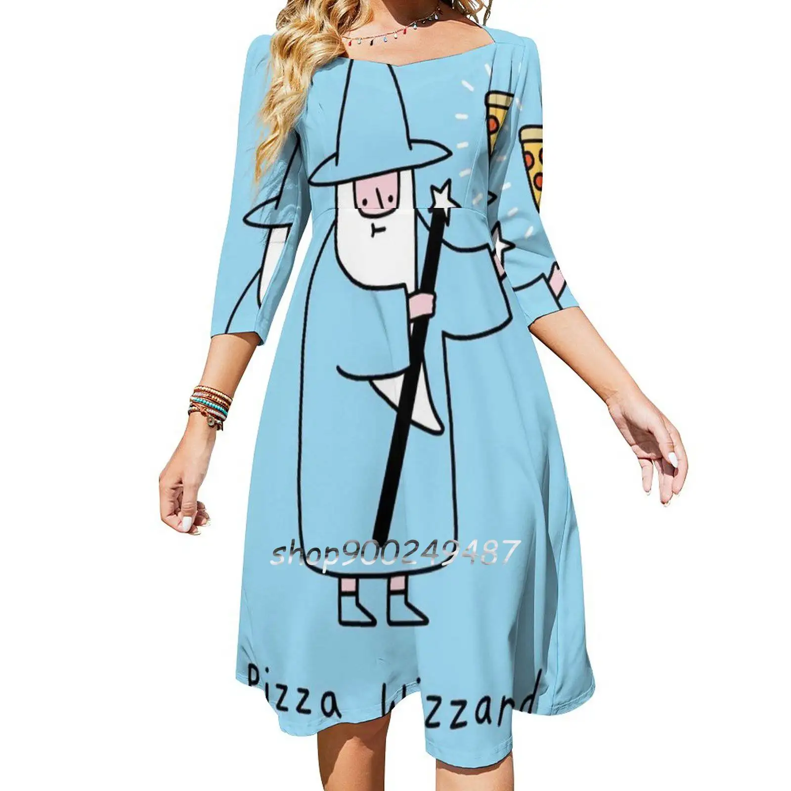 Pizza Wizzard Flare Dress Square Neck Elegant Female Fashion Printed Wizard Pizzas Food Funny Pun Cute Magic